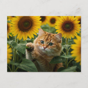 Cartão postal do gato ruivo fofo nos girassóis