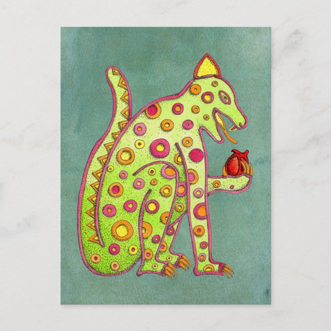 Cartão postal do jaguar maia asteca em fundo verde (Frente)