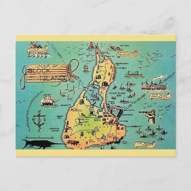 Cartão postal do mapa antigo da Ilha Block (Frente)