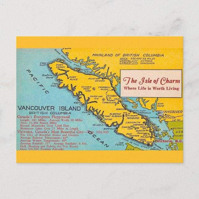 Cartão postal do mapa antigo da Ilha de Vancouver (Frente)