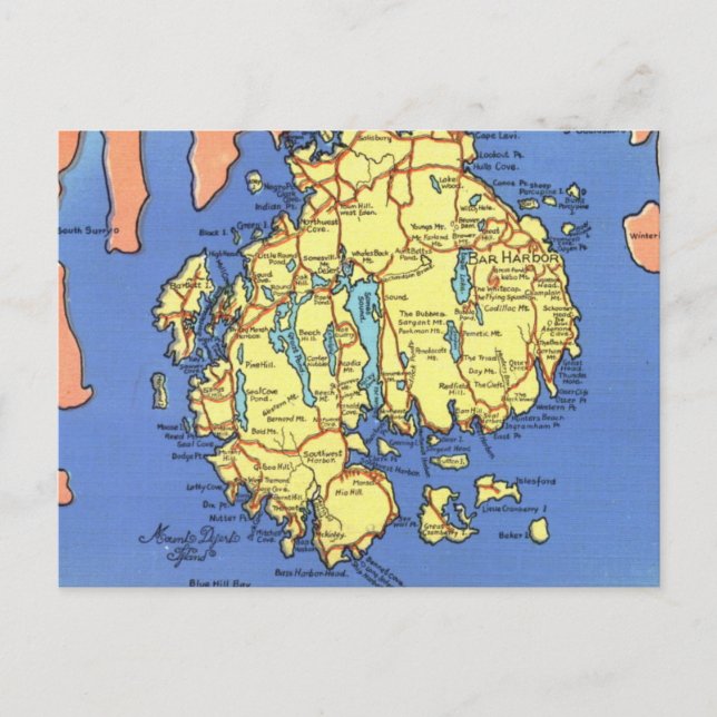 Cartão postal do mapa antigo da Ilha Mt Desert (Frente)