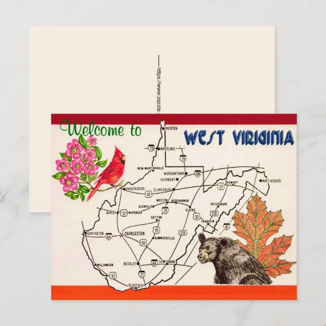 Cartão postal do mapa antigo da Virgínia Ocidental (Frente/Verso)