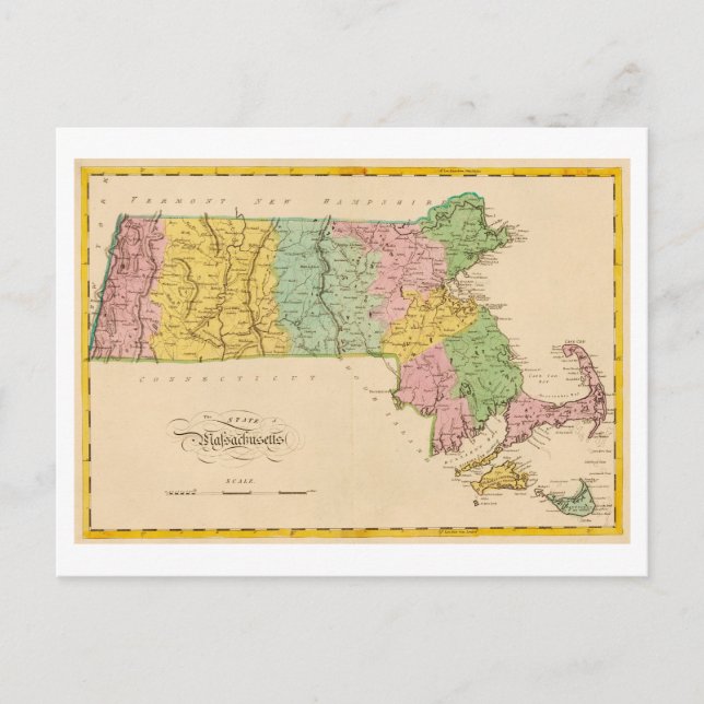 Cartão postal do mapa antigo de 1815 de Massachuse (Frente)