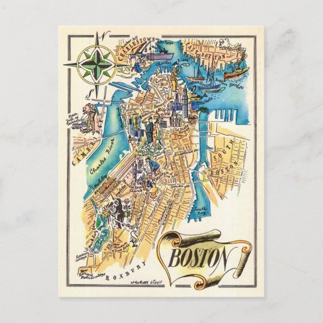 Cartão postal do mapa antigo de Boston (Frente)
