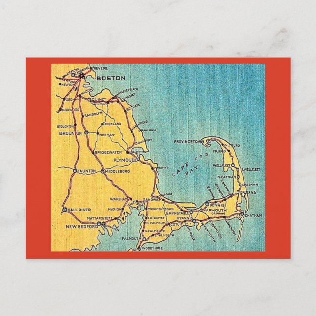 Cartão postal do mapa antigo de Cape Cod em Boston (Frente)