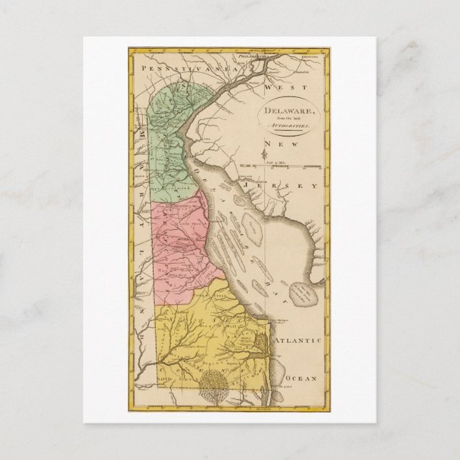 Cartão postal do mapa antigo de Delaware de 1815 (Frente)