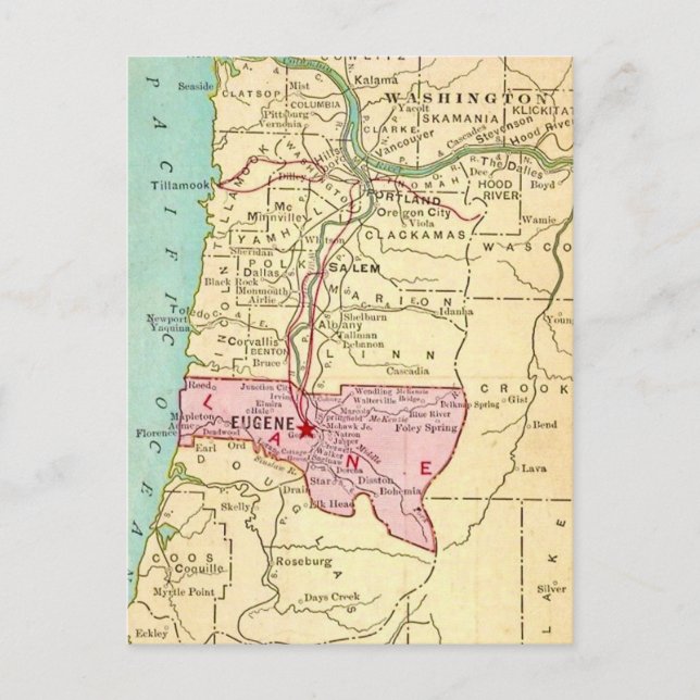Cartão postal do mapa antigo de Eugene Oregon (Frente)