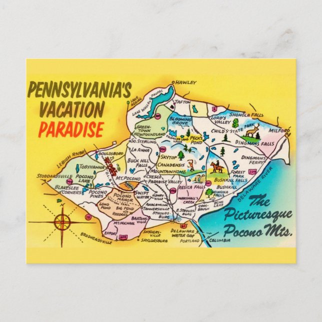 Cartão postal do mapa antigo de Pocono Mtns (Frente)