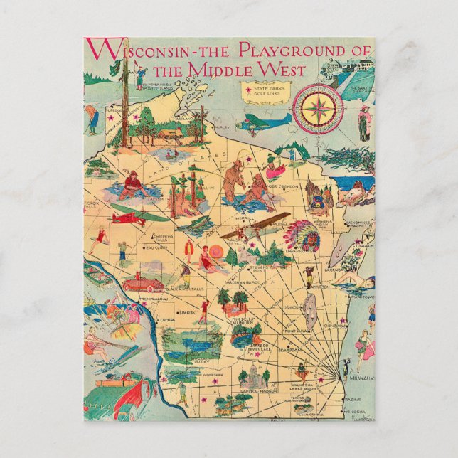 Cartão postal do mapa antigo de Wisconsin (Frente)