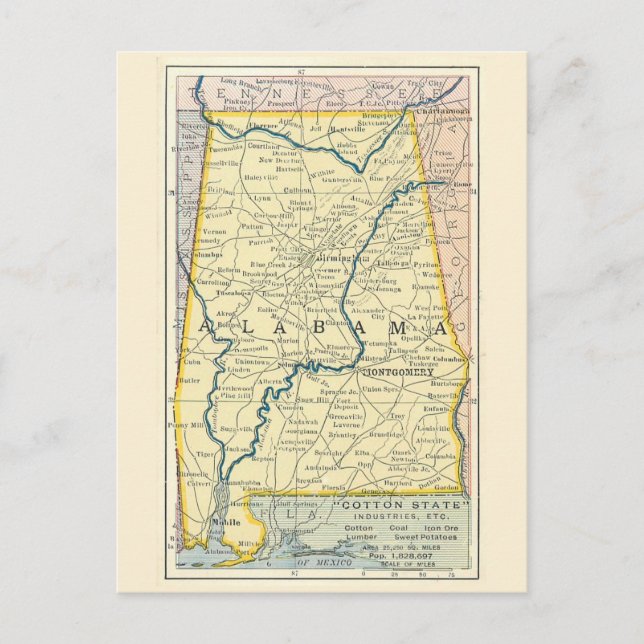 Cartão postal do mapa antigo do Alabama (Frente)