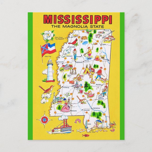 Cartão postal do mapa antigo do Mississippi (Frente)