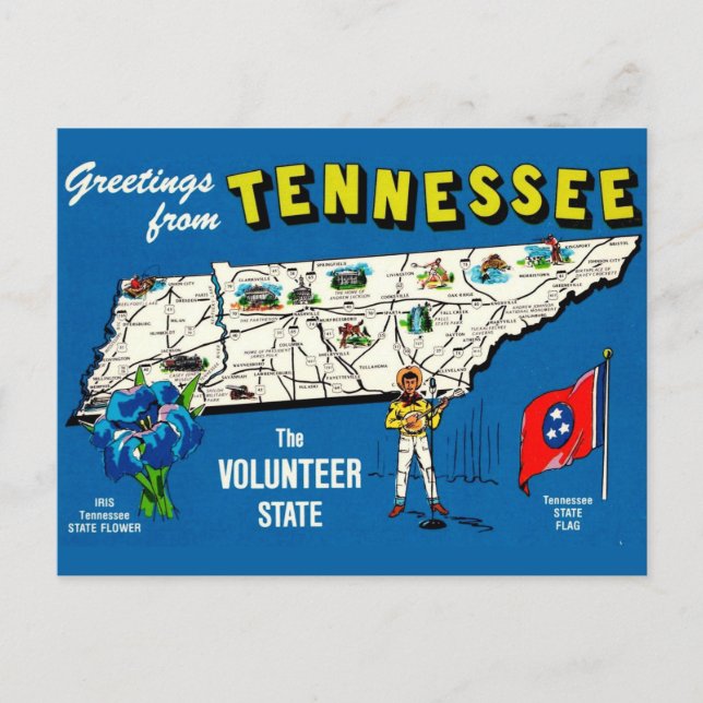 Cartão postal do mapa azul vintage do Tennessee (Frente)
