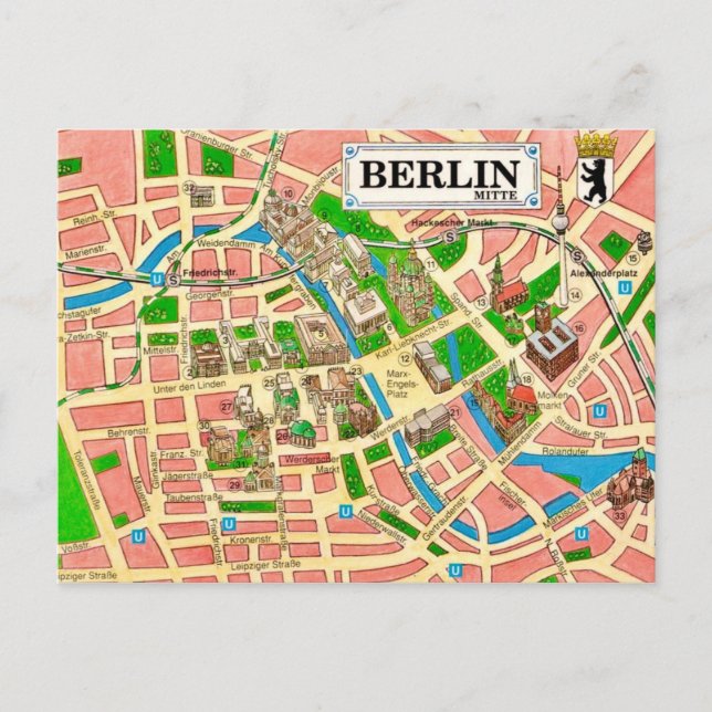 Cartão postal do mapa da cidade de Berlim antigo (Frente)