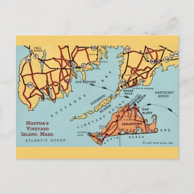 Cartão postal do mapa da costa de Martha's Vineyar (Frente)