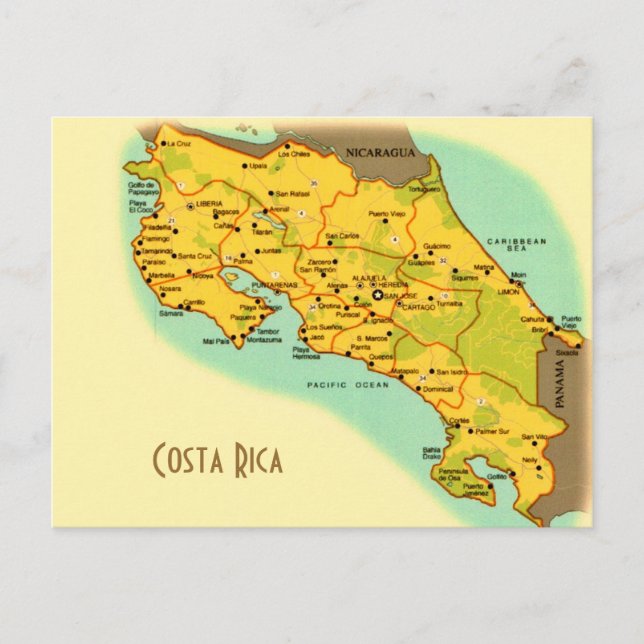 Cartão postal do mapa da Costa Rica (Frente)