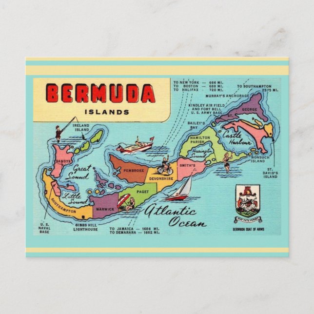 Cartão postal do mapa da ilha de Bermudas (Frente)