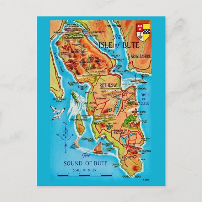 Cartão postal do mapa da Ilha de Bute (Frente)