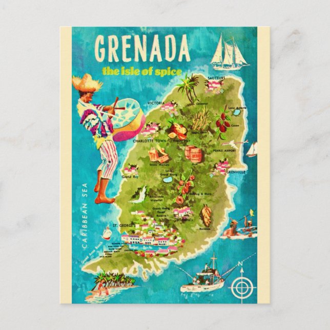 Cartão postal do mapa da ilha de Granada (Frente)