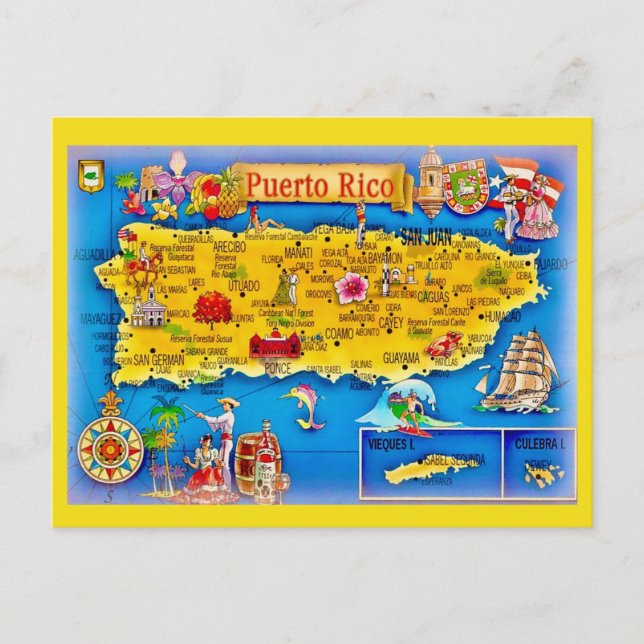 Cartão postal do mapa da ilha de Porto Rico (Frente)