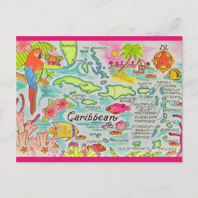 Cartão postal do mapa da ilha do Caribe (Frente)