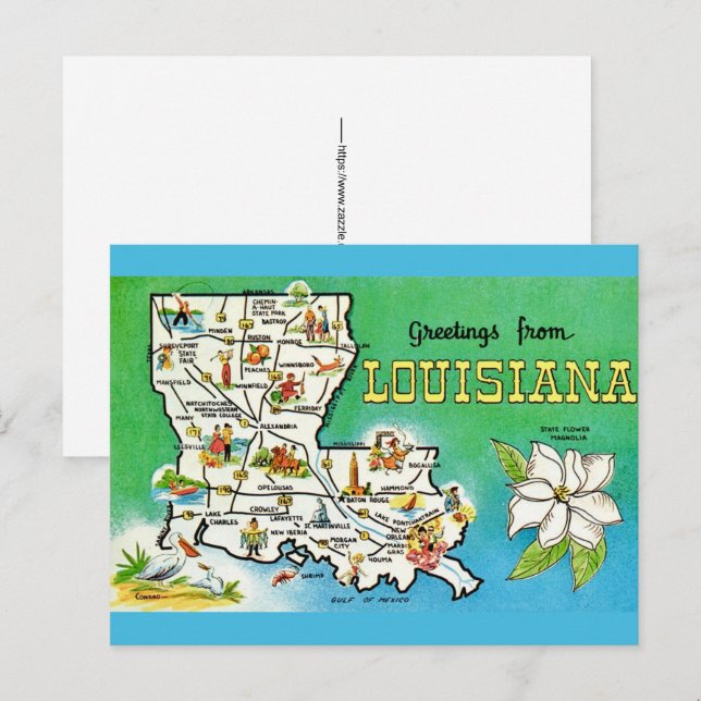 Cartão postal do mapa da Louisiana (Frente/Verso)