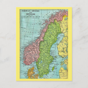 Cartão postal do mapa da Noruega, Suécia e Dinamar