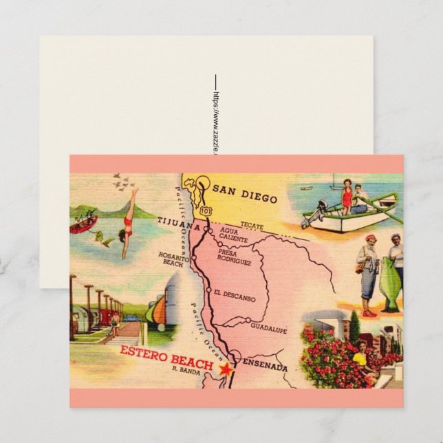 Cartão postal do mapa da praia de Estero México (Frente/Verso)