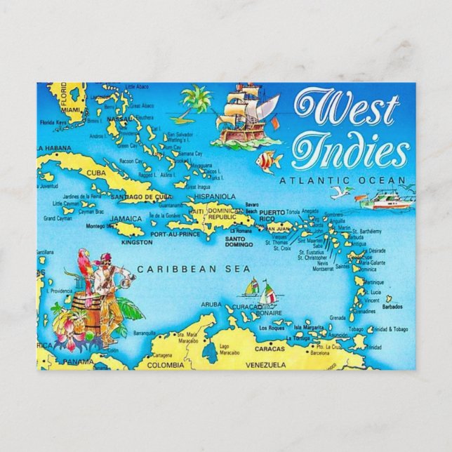 Cartão postal do mapa das Ilhas das Índias Ocident (Frente)