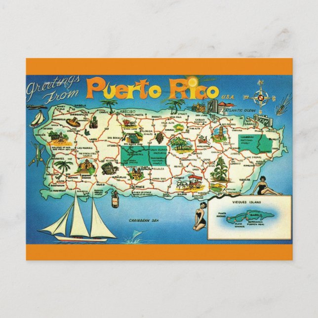 Cartão postal do mapa das Ilhas Vieques de Porto R (Frente)
