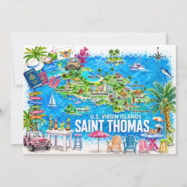 Cartão postal do mapa de aquarela das Ilhas Virgen (Frente)