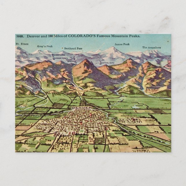 Cartão postal do mapa de Denver e Colorado Mtns (Frente)