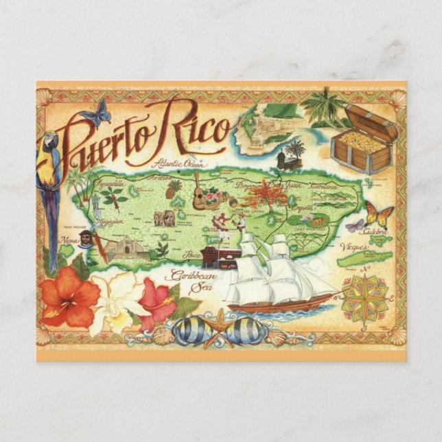 Cartão postal do mapa de Porto Rico (Frente)
