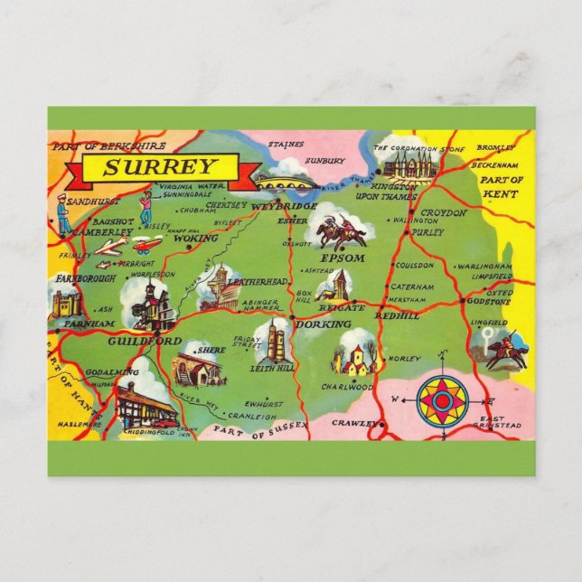 Cartão postal do mapa de Surrey Inglaterra (Frente)