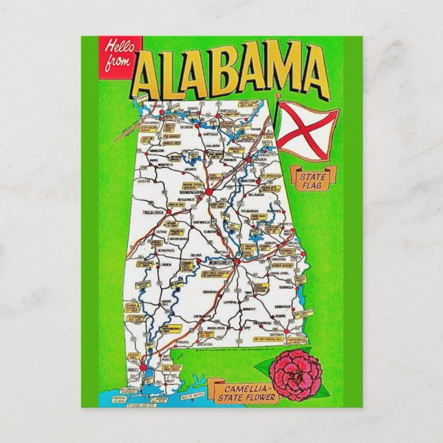 Cartão postal do mapa do Alabama (Frente)