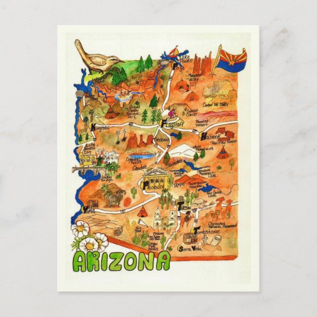 Cartão postal do mapa do Arizona ilustrado colorid (Frente)
