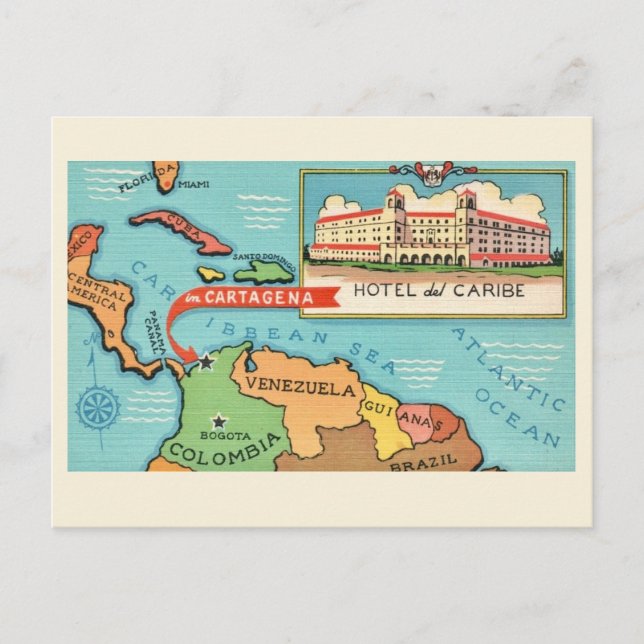 Cartão postal do mapa do Mar do Caribe (Frente)