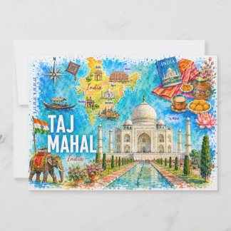 Cartão postal do mapa do Taj Mahal na Índia em aqu