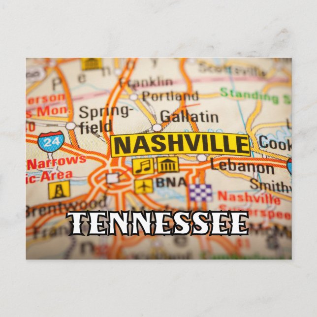 Cartão postal do Mapa do Tennessee Nashville (Frente)