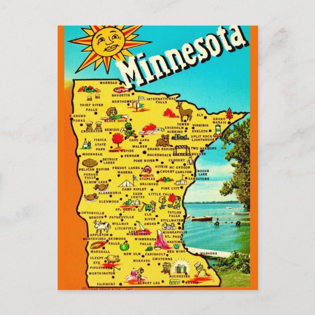 Cartão postal do mapa ensolarado de Minnesota (Frente)
