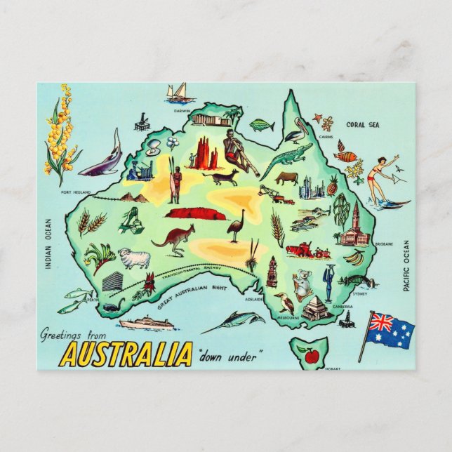 Cartão postal do mapa ilustrado da Austrália (Frente)