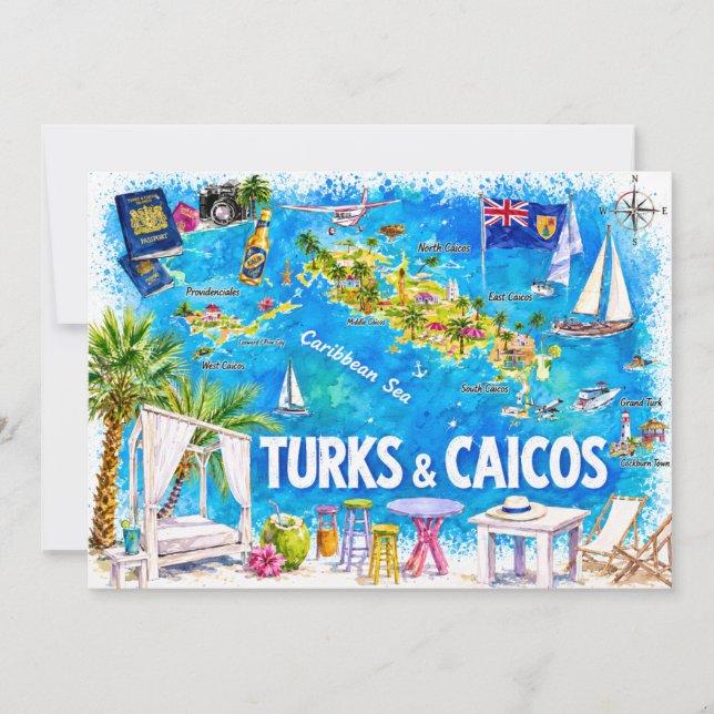 Cartão postal do mapa ilustrado da ilha de Turks e (Frente)
