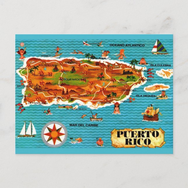 Cartão postal do mapa ilustrado de Porto Rico (Frente)