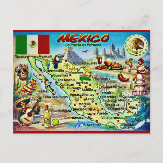 Cartão postal do mapa ilustrado do México (Frente)