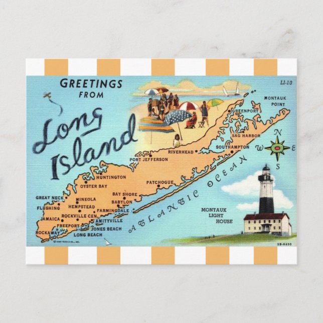 Cartão Postal do Mapa Listrado de Long Island Vint (Frente)