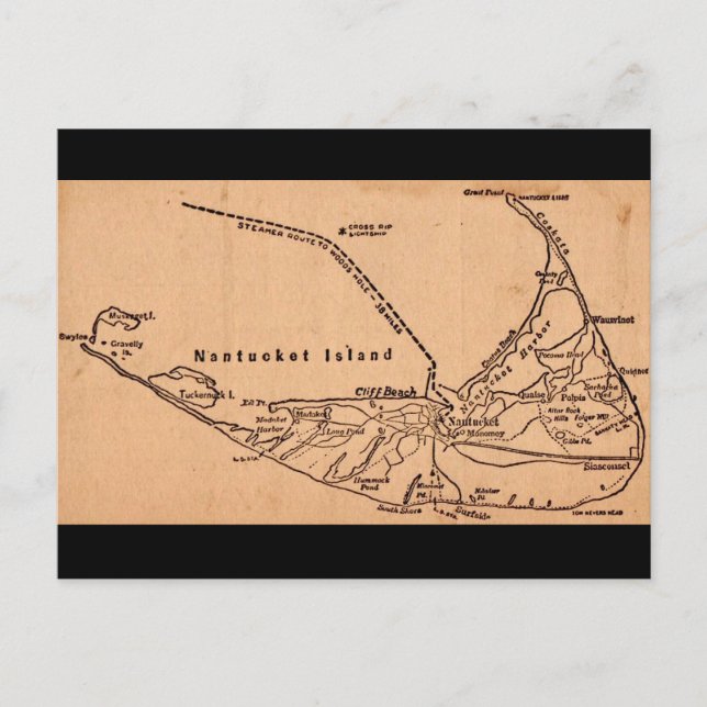 Cartão postal do mapa marrom antigo da ilha Nantuc (Frente)
