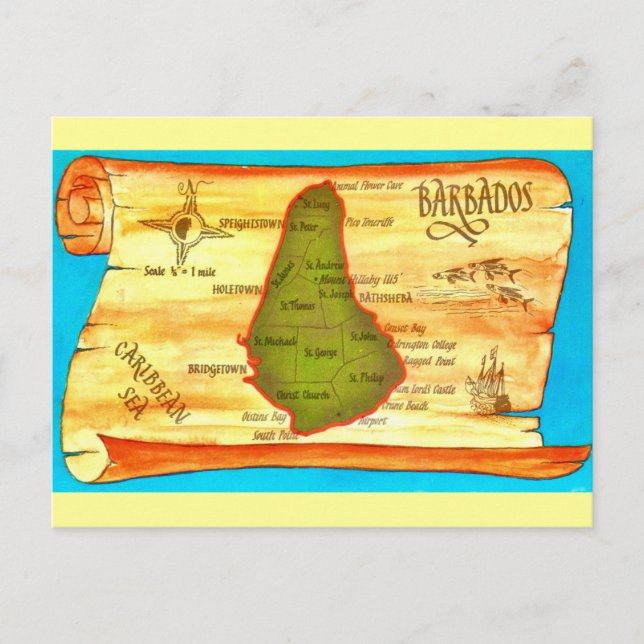 Cartão postal do mapa retrô de Barbados (Frente)