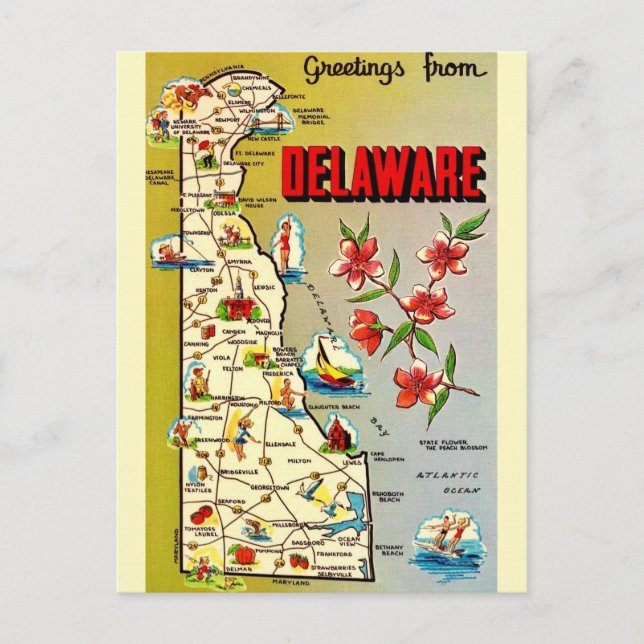 Cartão Postal do Mapa Retro de Delaware (Frente)