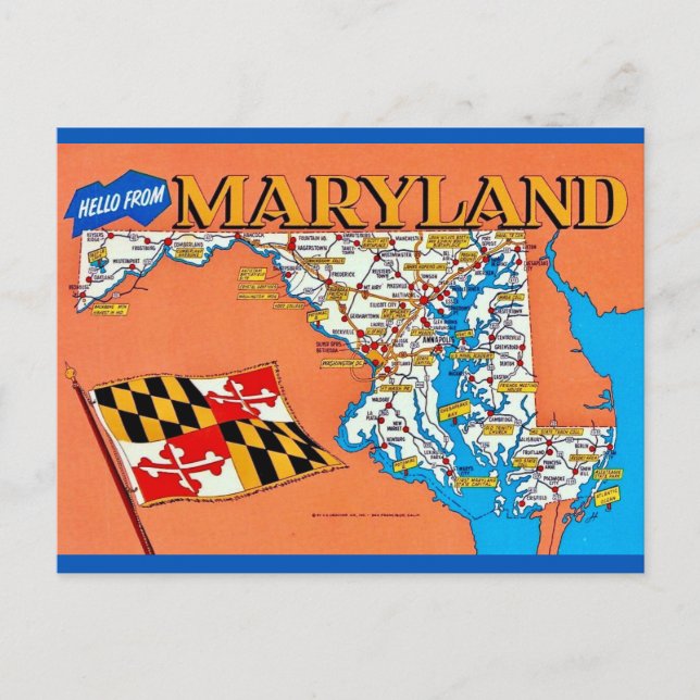 Cartão postal do mapa retro de Maryland (Frente)