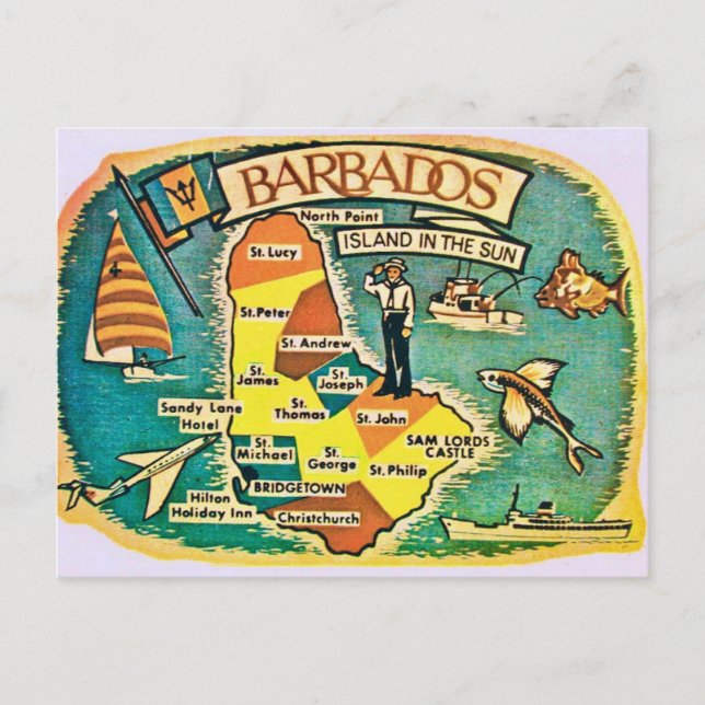 Cartão postal do mapa vintage de Barbados (Frente)