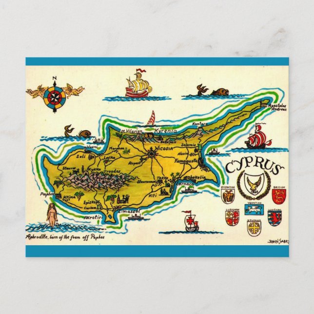 Cartão postal do mapa vintage de Chipre (Frente)
